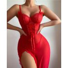 Contrast Lace V-Neck Spaghetti Strap Sheer Mesh Babydoll Sexy Lace-up Slit Lingerie Dress