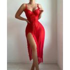 Contrast Lace V-Neck Spaghetti Strap Sheer Mesh Babydoll Sexy Lace-up Slit Lingerie Dress