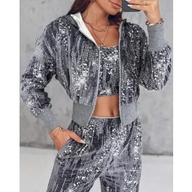   Velvet Sparkly Contrast Sequin Jacket Zip Up Hooded Coat Outwear