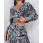 Velvet Sparkly Contrast Sequin Jacket Zip Up Hooded Coat Outwear