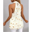 Butterfly Print Contrast Sequin Mock Neck Sleeveless Tank Casual Top