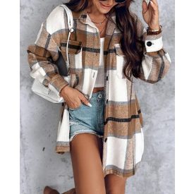   Plaid Pattern Casual Shacket Jacket Button Down Long Sleeve Shirt Fall Clothes Outfits