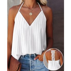   Contrast Lace V-Neck Spaghetti Strap Tank Casual Loose Fit  Blouse Top