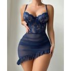 2 Pieces Contrast Lace V Neck Spaghetti Strap Ruffles Ruched Babydoll Sexy Slim Fit Lingerie with Thong
