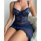 2 Pieces Contrast Lace V Neck Spaghetti Strap Ruffles Ruched Babydoll Sexy Slim Fit Lingerie with Thong