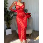 2 Pieces Heart Pattern Lace V-Neck Spaghetti Strap Sheer Mesh Babydolls Sexy See Through Slit Lingerie Set with Thong