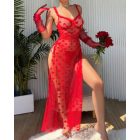 2 Pieces Heart Pattern Lace V-Neck Spaghetti Strap Sheer Mesh Babydolls Sexy See Through Slit Lingerie Set with Thong