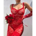 2 Pieces Heart Pattern Lace V-Neck Spaghetti Strap Sheer Mesh Babydolls Sexy See Through Slit Lingerie Set with Thong