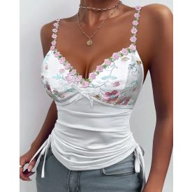   Floral Embroidery Plunge Bowknot Decor Drawstring Ruched Spaghetti Strap Tank Romantic Top