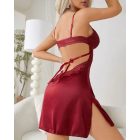 Contrast Lace V-Neck Spaghetti Strap Satin Nightgown Lingerie Sexy Slit Sleep Dress