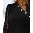Contrast Lace Asymmetrical Neck Long Sleeve Blouse Button Design Casual Top