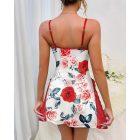 Heart Letter Print Lace Trim Lace V-Neck Spaghetti Strap Bowknot Cami Sleep Dress Romantic Nightgown