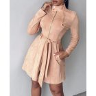 Zipper Front Pocket Design Belted Dress