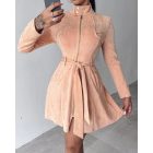 Zipper Front Pocket Design Belted Dress