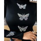 Rhinestone Butterfly Pattern Long Sleeve Top