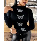 Rhinestone Butterfly Pattern Long Sleeve Top