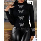 Rhinestone Butterfly Pattern Long Sleeve Top