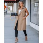 Sleeveless Trench Coats Rhinestone Decor Lapel Casual Long Trendy Double Breasted Coat with Pockets