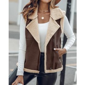   Pu Notched Collar Sleeveless Jacket Front Pocket Chain Fall and Winter Coat