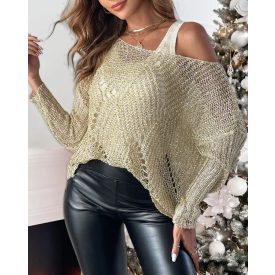   2 Piece Hollow-out Pullover Top Inner Tank Open-Knit Sweater Blouse Set