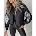 Shinny Sequin Wings Pattern Puffer Jacket Winter Zip Up Warm Quilted Coats