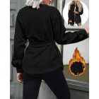 Plaid Pattern Reversible Fleece Teddy Coat Button Down Tied Detail Warm Jacket