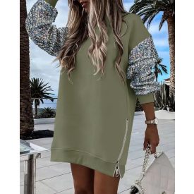   Christmas Glass Pattern Sequin Patchwork Crewneck Pullover Top Zipper Slit Sweatshirt Dress