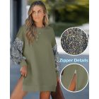 Christmas Glass Pattern Sequin Patchwork Crewneck Pullover Top Zipper Slit Sweatshirt Dress