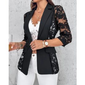   Lapel Neck Lace Patch Single Button Flap Detail Sheer Blazer Coat