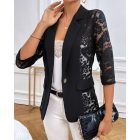 Lapel Neck Lace Patch Single Button Flap Detail Sheer Blazer Coat