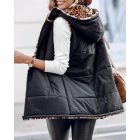 Reversible Leopard Pattern Vests Sleeveless Fleece Lined Jacket Zip Up Hoodie Pockets Long Warm Winter Coat