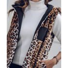 Reversible Leopard Pattern Vests Sleeveless Fleece Lined Jacket Zip Up Hoodie Pockets Long Warm Winter Coat