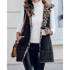 Reversible Leopard Pattern Vests Sleeveless Fleece Lined Jacket Zip Up Hoodie Pockets Long Warm Winter Coat