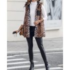 Reversible Leopard Pattern Vests Sleeveless Fleece Lined Jacket Zip Up Hoodie Pockets Long Warm Winter Coat