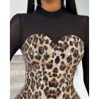 Leopard Pattern Contrast Sequin Mock Neck Long Sleeve Bodycon Dress Sheer Mesh See Through Sexy Mini Dress