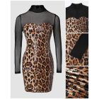 Leopard Pattern Contrast Sequin Mock Neck Long Sleeve Bodycon Dress Sheer Mesh See Through Sexy Mini Dress