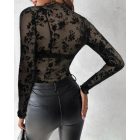 Glitter Lurex Mock Neck T Shirt Casual Sheer Mesh Slim Fit Blouse Top