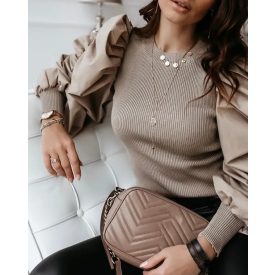   Crewneck Ruched Puff Lantern Sleeve Ribbed Blouse Pullover Top