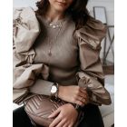 Crewneck Ruched Puff Lantern Sleeve Ribbed Blouse Pullover Top