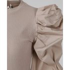 Crewneck Ruched Puff Lantern Sleeve Ribbed Blouse Pullover Top