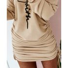 Letter Print Cold Shoulder Drawstring Long Sleeve Dress