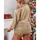 Letter Print Cold Shoulder Drawstring Long Sleeve Dress