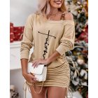 Letter Print Cold Shoulder Drawstring Long Sleeve Dress