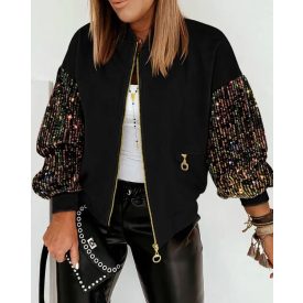   Contrast Sequin Jacket Casual Long Sleeve Zipper Design Sparkly Coat With Pockets