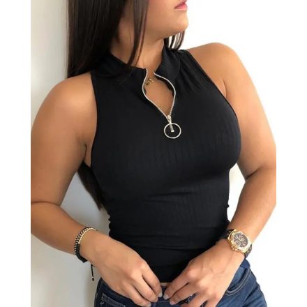 Ribbed O-Neck Slim Fit Zipper Thick Strap Mental O-ring Cinch Waist Tank Casual Top