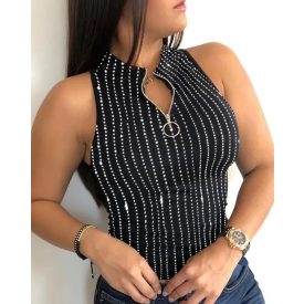   Rhinestone O-Neck Sleeveless Tank Zipper Thick Strap Mental Waist Casual Slim Fit Top
