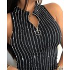 Rhinestone O-Neck Sleeveless Tank Zipper Thick Strap Mental Waist Casual Slim Fit Top