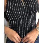 Rhinestone O-Neck Sleeveless Tank Zipper Thick Strap Mental Waist Casual Slim Fit Top