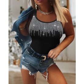 Round Neck Rhinestone Decor Skinny Tank Top
