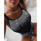 Round Neck Rhinestone Decor Skinny Tank Top